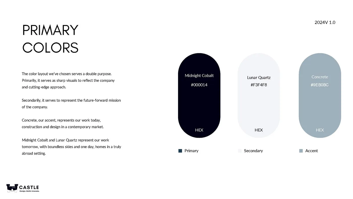 Brand guidelines page: primary colors — Midnight Cobalt #000014, Lunar Quartz #F3F4F8, Concrete #9EB0BC