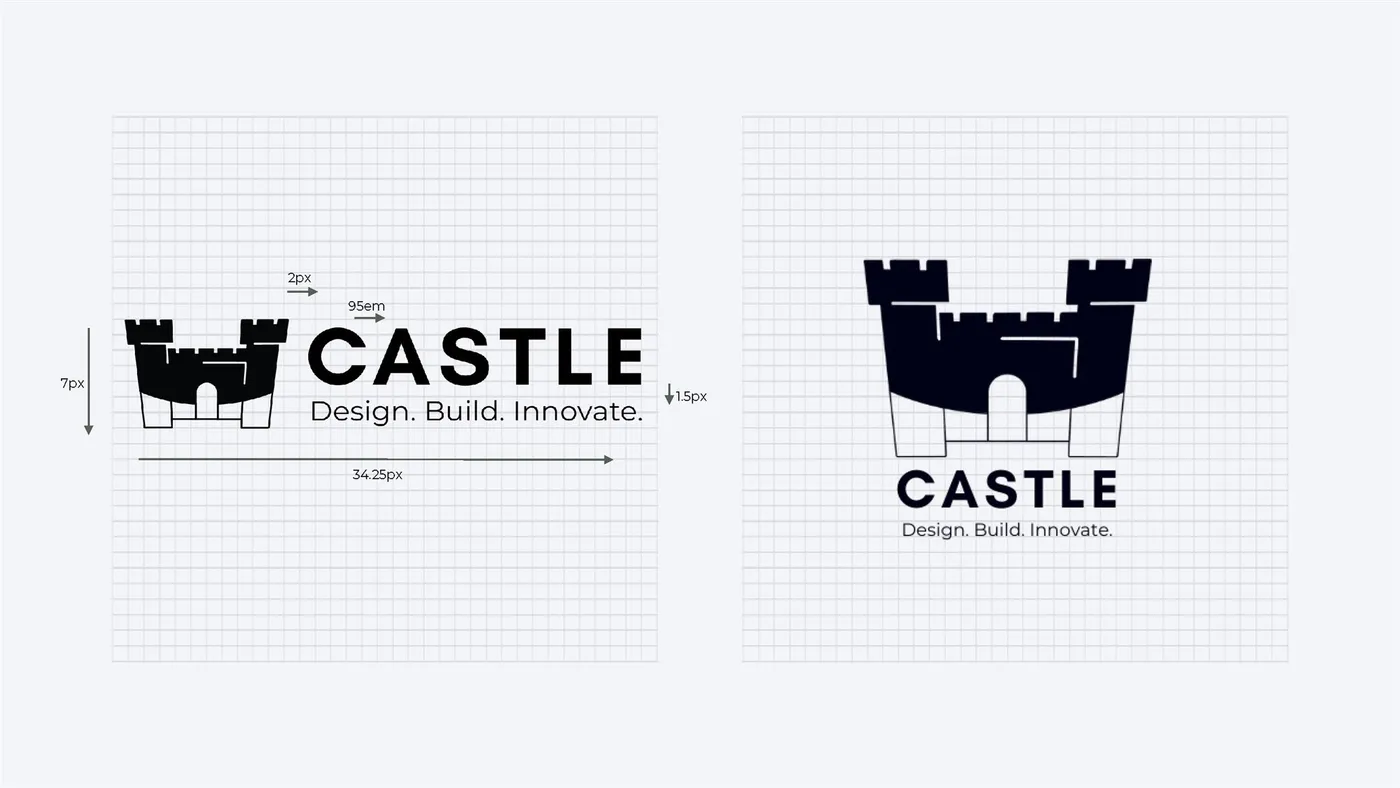 Brand guidelines page: castle logo construction with spacing rules