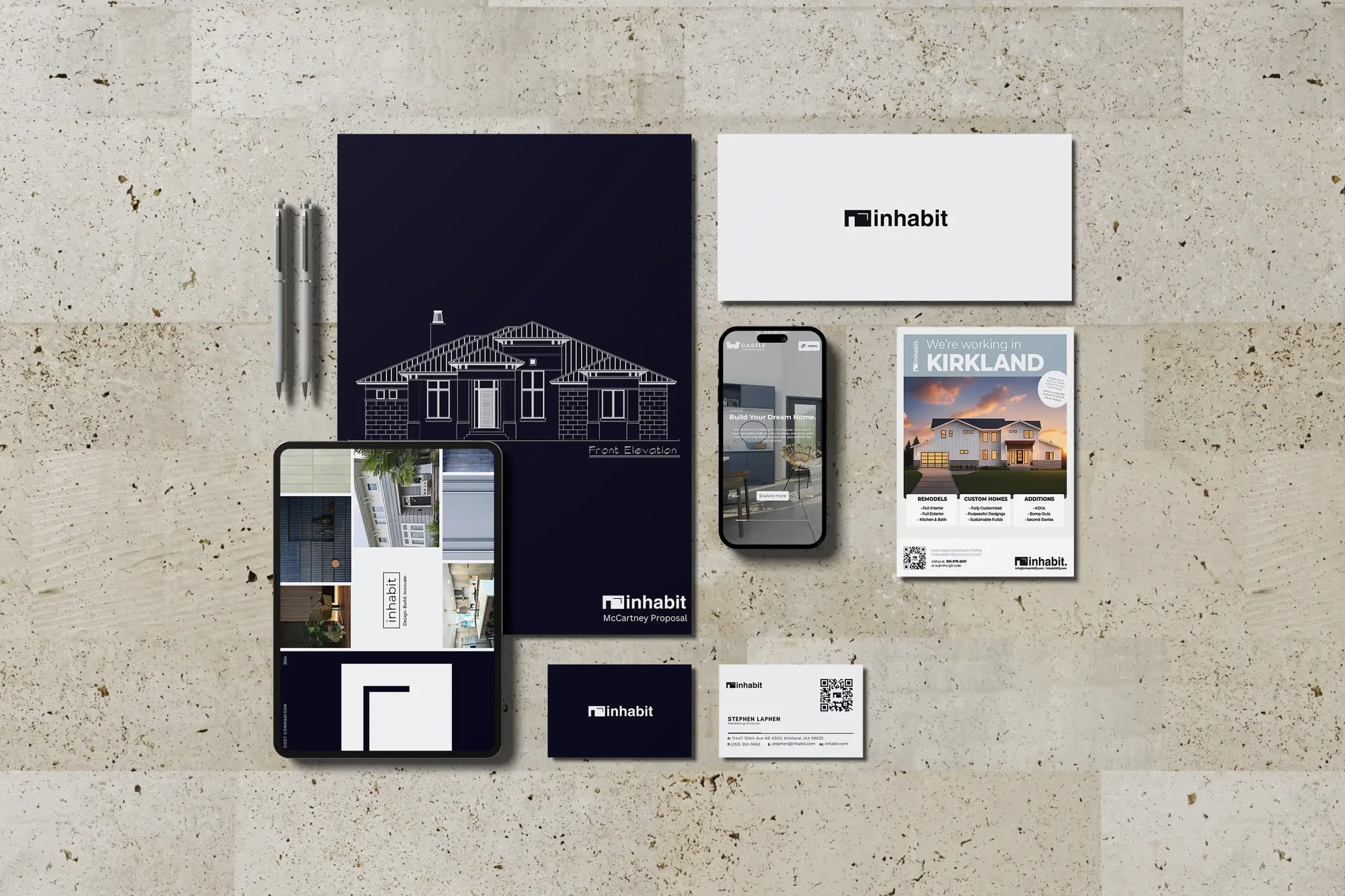 The Inhabit stationery suite: proposal cover with blueprint elevation, Kirkland project flyer, envelope, mobile website, and Stephen Laphen’s Marketing Director business card