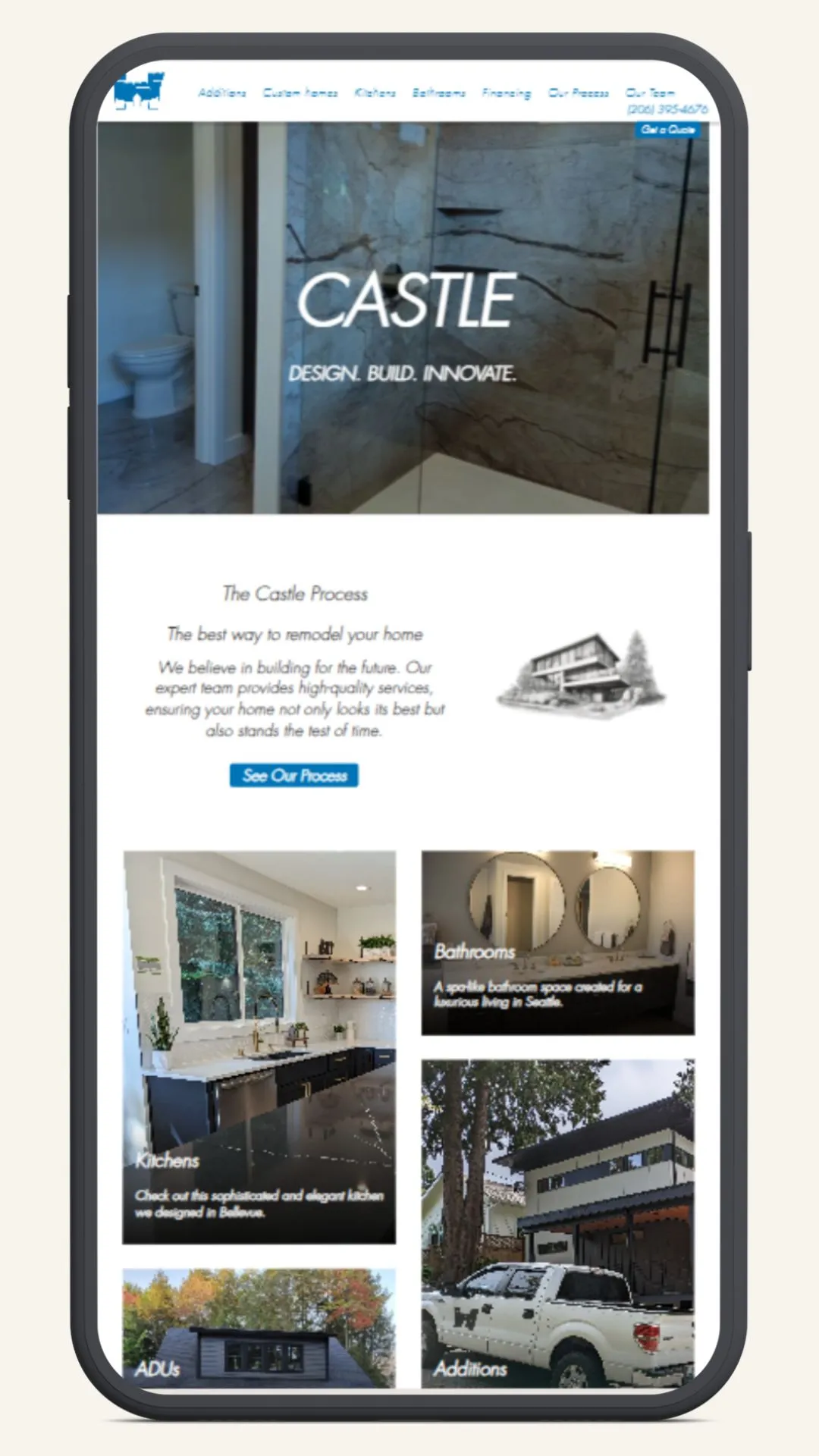 The old Castle website on mobile: bright blue castle logo, crowded navigation, and dated typography