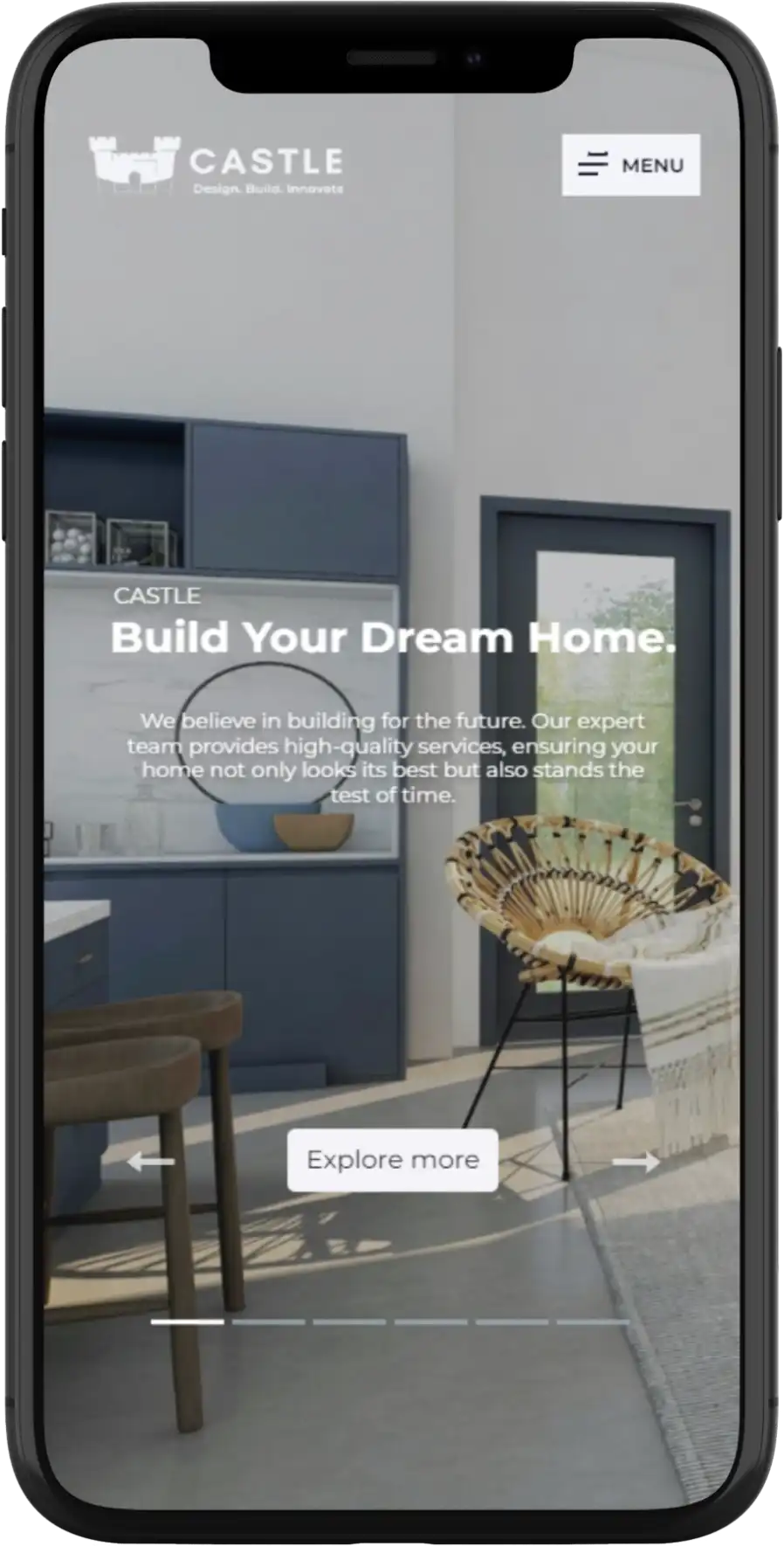 The rebuilt Castle website on mobile: full-bleed home photo, MENU button, and 'Build Your Dream Home.' headline